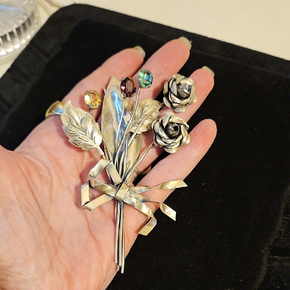 Coro Sterling Silver Brooch with Colorful Gem Accents - Picture 6 of 13